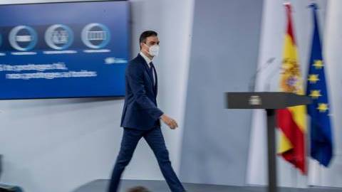 Spanish Prime Minister Pedro Sanchez arrives at a press conference at the Moncloa palace in Madrid, Spain