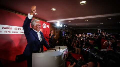 Portuguese Prime Minister and secretary general of the Socialist Party, Antonio Costa, celebrates after winning the legislative elections in 2019
