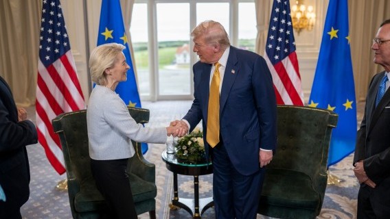 President Donald Trump with EC President Ursula von der Leyen in Scotland late last month