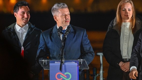 Peter Magyar addresses supporters after his party wins a landslide in Hungary's elections