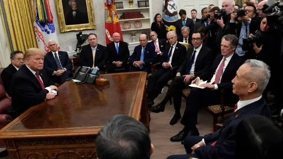 President Donald Trump, left, meets with Chinese Vice Premier Liu He, front right, at the White House in Washington