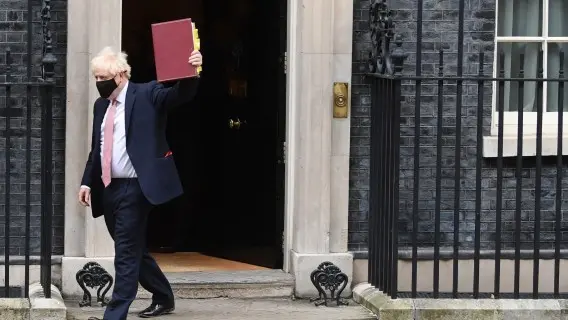 Britain's prime minister Boris Johnson departs his official residence at 10 Downing Street in London