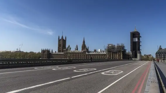 Clear blue skies above empty London