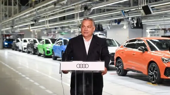 Hungarian Prime Minister Viktor Orban addresses workers at a car factory earlier this year
