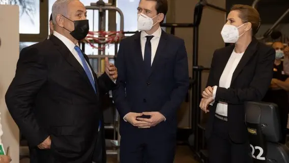 Israeli Prime Minister Benjamin Netanyahu (L), along with Danish Prime Minister Mette Frederiksen (R) and Austrian Chancellor Sebastian Kurz (C) as they seek closer cooperation on Covid-19 and vaccines