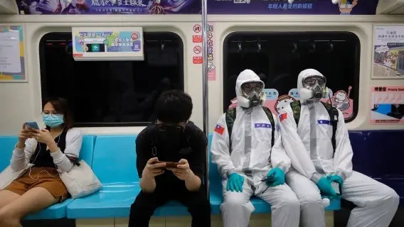 The military have been disinfecting public areas, such as subways, after a rise in Taiwan's Covid cases in May