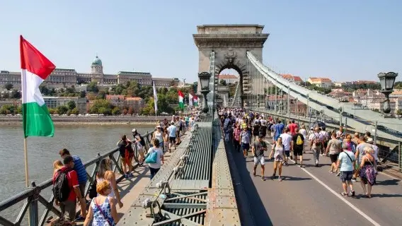 People on the Széchenyi Chain Bridge, Budapest