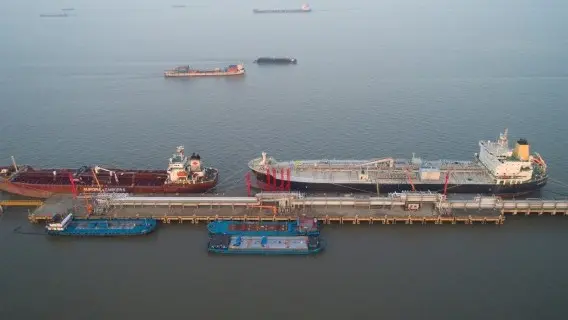 Aerial view of oil tankers moored at a oil storage terminal, Taicang, China