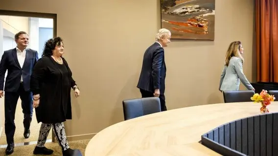 (L-R) Party leaders Pieter Omtzigt (NSC), Caroline van der Plas (BBB), Geert Wilders (PVV) and Dilan Yesilgoz (VVD)