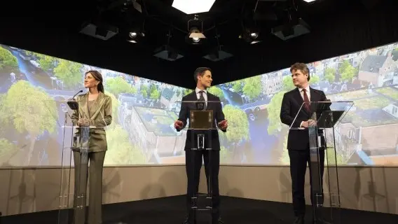Dutch Party leaders Rob Jetten (C) of the D66, Henri Bontenbal (R) of the CDA, and Dilan Yesilgoz (L) of the VVD present their coalition agreement at a press conference in Nieuwspoort, The Netherlands.