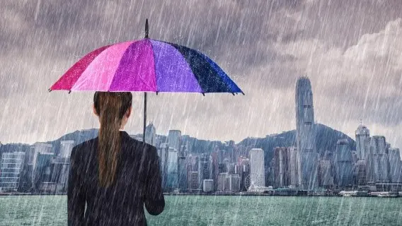 Hong Kong raining typhoon umbrella