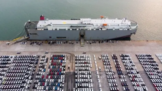 Aerial view of a roll on/roll off ship, used for imports and exports of wheeled cargo across the globe