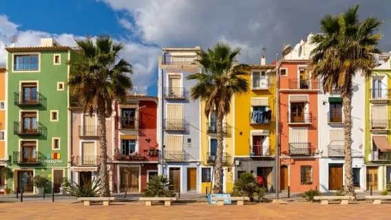 View of the colorful houses on the beach in the historic old town of Villajoyosa