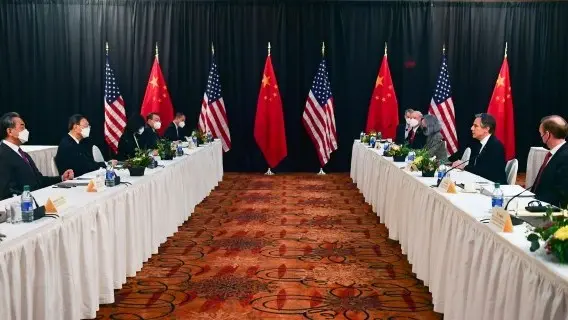 Secretary of State Antony Blinken in US-China talks with Chinese Communist Party foreign affairs chief Yang Jiechi, and China's State Councillor Wang Yi, in Alaska