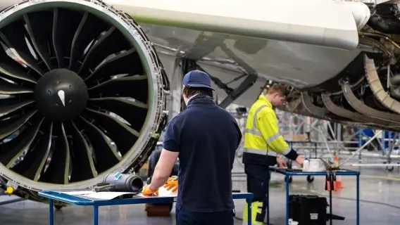 A partially disassembled Pratt Whitney PW1500G engine of the Airbaltic Airbus A220 aircraft