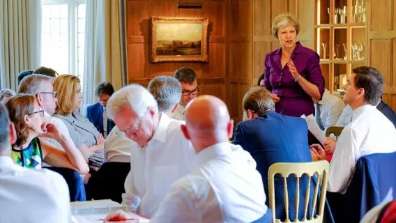 UK Prime Minister, Theresa May, addresses her cabinet, including David Davis (left, looking down)