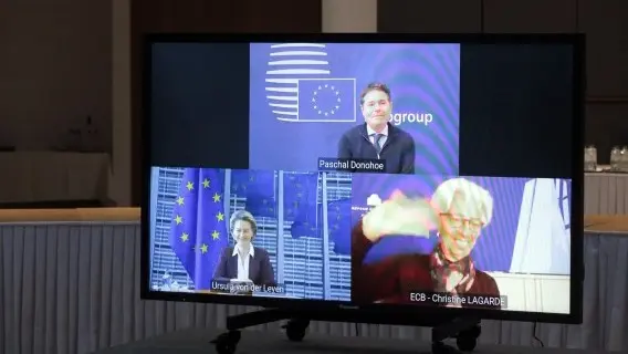 Eurogroup President Paschal Donohoe, top, European Commission President Ursula von der Leyen, bottom left, and ECB President Christine Lagarde
