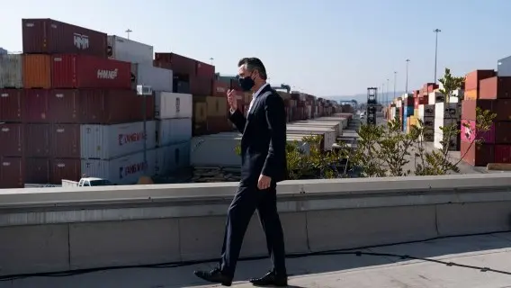 California Governor,  Gavin Newsom, inspects an overloaded port in California in November last year