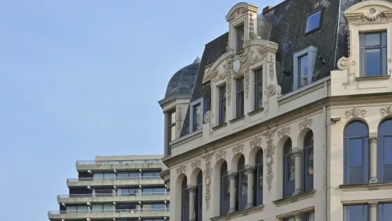 Old apartments and new flats along the North Sea coast in Ostend, Belgium