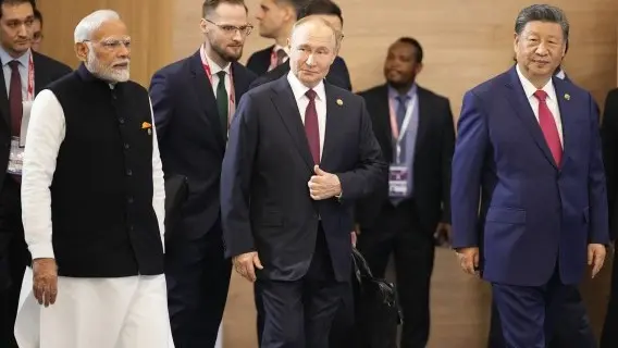Indian Prime Minister Narendra Modi, Russian President Vladimir Putin and Chinese President Xi Jinping at the BRICS Summit in Russia this week