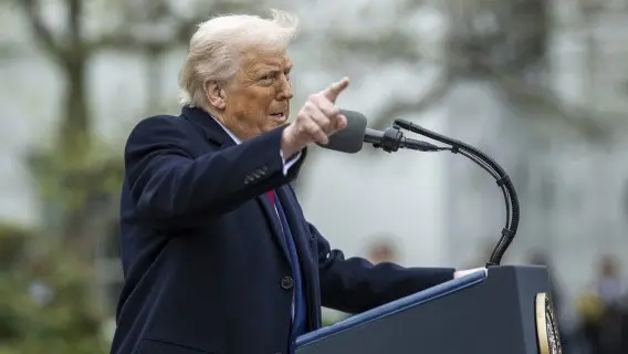 Trump announcing his tariff plan in the Rose Garden of the White House, 2 April 2025