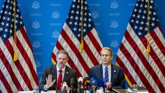 US Trade Representative Jamieson Greer and US Secretary of the Treasury Scott Bessent at a press conference following US-China trade talks in Switzerland