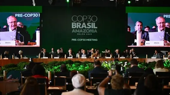 Brazilian Vice President Geraldo Alckmin speaks during the opening session of the pre-COP30 meeting at the International Convention Centre in Brasilia, Brazil