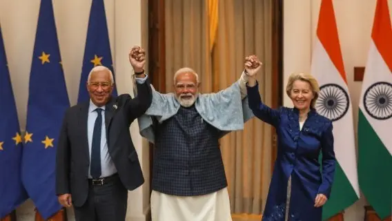 Ursula von der Leyen, President of the European Commission, with Antonio Luis Santos da Costa, President of the European Council and Indian Prime Minister Narendra Modi
