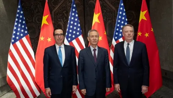 Chinese Vice Premier Liu He, centre, with U.S. Trade Representative Robert Lighthizer, right, and Treasury Secretary Steve Mnuchin before talks in Shanghai